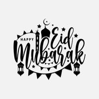 Isolated on calligraphy of happy eid mubarak vector illustration with black color hanging lantern moon and star stroke line.