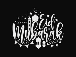 Isolated on calligraphy of happy eid mubarak vector illustration with black color hanging lantern moon and star stroke line.