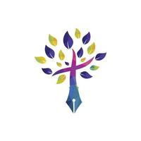 pluma de árbol y plantilla de diseño de logotipo de vector cruzado. clase de aprendizaje y enseñanza de la biblia.