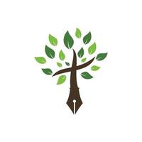 Tree pen and cross vector logo design template. Bible learning and teaching class.