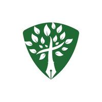 pluma de árbol y plantilla de diseño de logotipo de vector cruzado. clase de aprendizaje y enseñanza de la biblia.