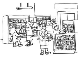 Vector illustration of children choosing books in a bookstore. Suitable for coloring book, coloring pages, poster, etc