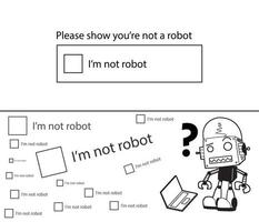 Funny robot reading some text on computer that says 'i'm not robot'. Vector illustration for poster, sticker, clothing, banner, background, etc