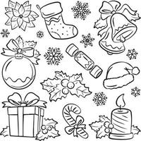 Vector illustration of christmas stuff such as christmas gift, shocks, candy, bell, etc. Suitable for coloring book, coloring pages, etc