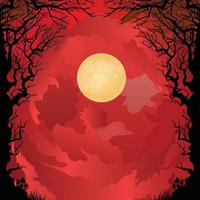 Spooky dark forest with red sky and the moon. Vector illustration with copy space area that suitable for poster, card, banner, Halloween celebration, etc