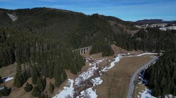 Aerial view of big railway viaduct in valley video