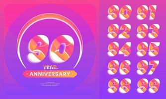 Number sets 90-99 year anniversary celebration.  logotype style with handwriting violet color for celebration event, wedding, greeting card, and invitation. vector