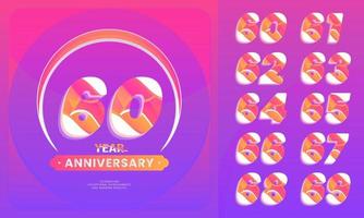 Number sets 60-69 year anniversary celebration.  logotype style with handwriting violet color for celebration event, wedding, greeting card, and invitation. vector