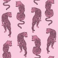 Vector seamless pattern with pink leopards. Trendy background with hand drawn wild cats