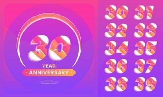 Number sets 30-39 year anniversary celebration.  logotype style with handwriting violet color for celebration event, wedding, greeting card, and invitation. vector