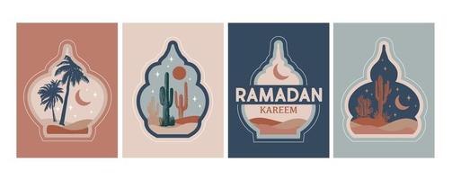 Ramadán. colección de oriental estilo islámico ventanas, palma árboles, cactus y Desierto vector