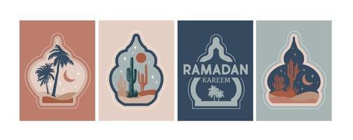 Ramadán. colección de oriental estilo islámico ventanas, palma árboles, cactus y Desierto vector