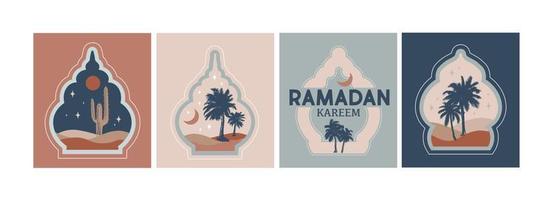 Ramadán. colección de oriental estilo islámico ventanas, palma árboles, cactus y Desierto vector