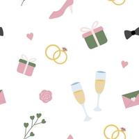 Seamless pattern with wedding items. Gentle vector background in green, pink and white. Just married concept