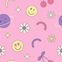 Seamless pattern with retro shapes, planets, smiles and flowers. 1990s style colorful positive vector wallpaper