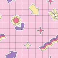 Seamless pattern with retro stickers and a grid in the style of the 1990s. Pink positive vector wallpaper