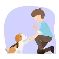 Young man training beagle dog breed to shake the hand vector