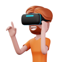 feliz homem usando virtual realidade fone de ouvido, fofa desenho animado personagem com vr, 3d Renderização png