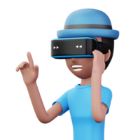 contento uomo utilizzando virtuale la realtà cuffia, carino cartone animato personaggio con vr, 3d interpretazione png