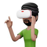 feliz homem usando virtual realidade fone de ouvido, fofa desenho animado personagem com vr, 3d Renderização png