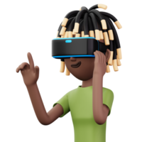 content homme en utilisant virtuel réalité casque, mignonne dessin animé personnage avec vr, 3d le rendu png