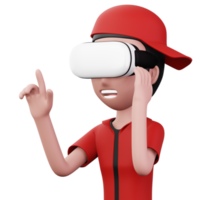 content homme en utilisant virtuel réalité casque, mignonne dessin animé personnage avec vr, 3d le rendu png