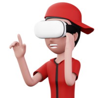 contento uomo utilizzando virtuale la realtà cuffia, carino cartone animato personaggio con vr, 3d interpretazione png