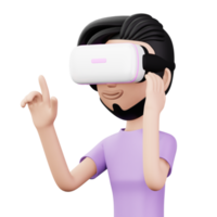 contento hombre utilizando virtual realidad auriculares, linda dibujos animados personaje con realidad virtual, 3d representación png