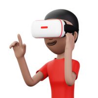 contento uomo utilizzando virtuale la realtà cuffia, carino cartone animato personaggio con vr, 3d interpretazione png