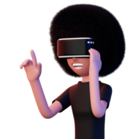 gelukkig Mens gebruik makend van virtueel realiteit koptelefoon, schattig tekenfilm karakter met vr, 3d renderen png