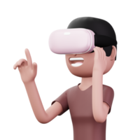 feliz homem usando virtual realidade fone de ouvido, fofa desenho animado personagem com vr, 3d Renderização png