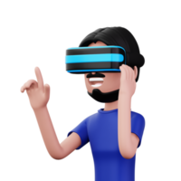 feliz homem usando virtual realidade fone de ouvido, fofa desenho animado personagem com vr, 3d Renderização png