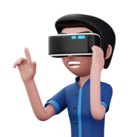 feliz homem usando virtual realidade fone de ouvido, fofa desenho animado personagem com vr, 3d Renderização png