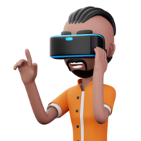 Happy man using virtual reality headset, Cute cartoon character with VR, 3d rendering png