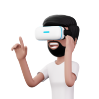 contento uomo utilizzando virtuale la realtà cuffia, carino cartone animato personaggio con vr, 3d interpretazione png