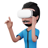 contento uomo utilizzando virtuale la realtà cuffia, carino cartone animato personaggio con vr, 3d interpretazione png