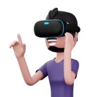 contento hombre utilizando virtual realidad auriculares, linda dibujos animados personaje con realidad virtual, 3d representación png