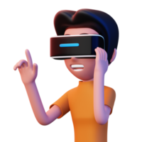 feliz homem usando virtual realidade fone de ouvido, fofa desenho animado personagem com vr, 3d Renderização png