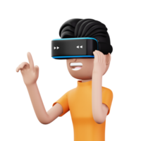 contento hombre utilizando virtual realidad auriculares, linda dibujos animados personaje con realidad virtual, 3d representación png