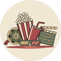 This illustration consists of images of popcorn, drinks, movies, and movies in vector format.