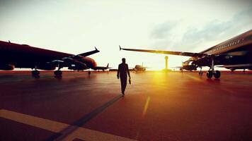 silhouette une homme d'affaire avec sac en marchant dans avion parking place à le coucher du soleil temps, 3d le rendu. video