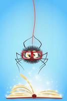 Cartoon cute fluffy nerd spider in eyeglasses reading shiny magic book with lights and sparkles vector