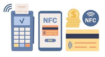 NFC payment icon set. Pos terminal, credit card, smartphone app. Contactless payment, cashless transaction concept. Vector flat illustration