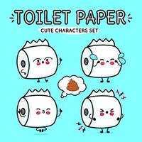 Funny cute happy toilet paper characters bundle set. Vector hand drawn doodle style cartoon character illustration icon design. Isolated on blue background. Toilet paper mascot character collection