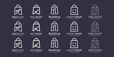 Set of bag Logo designs Template. illustration check mark, one, face happy, head beauty, combined with element bag shop sign. vector