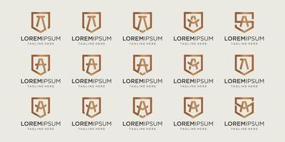 set of letter A monogram and shield sign combination. Line art logo design. Symbolizes reliability, safety, power, security.  luxury logotype.