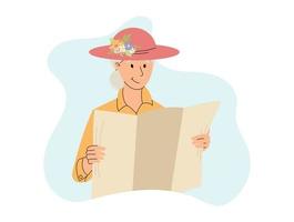 Elderly woman in a hat holding a newspaper or a map. Vector isolated flat illustration.