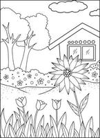 Vector illustration of a house surrounded by trees and flowers Suitable for coloring book, coloring pages, etc