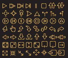 Vector illustration of golden arrow icons in various style. Arrow icons collection consists of play, pause, stop, next, previous, download, upload, and other buttons