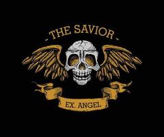 Gothic skull with text that says 'the savior, ex angel'. Suitable for sticker, tattoo, clothing, jacket, poster, etc vector